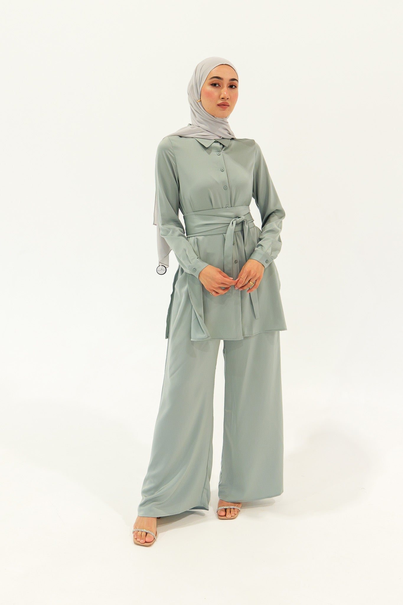 Satin Belted Midi Shirt - Sage - Nasiba