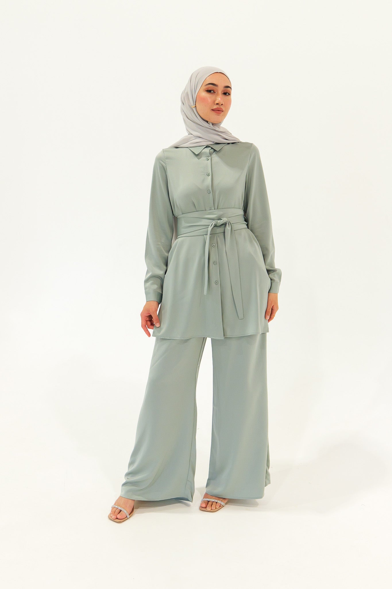 Satin Belted Midi Shirt - Sage - Nasiba
