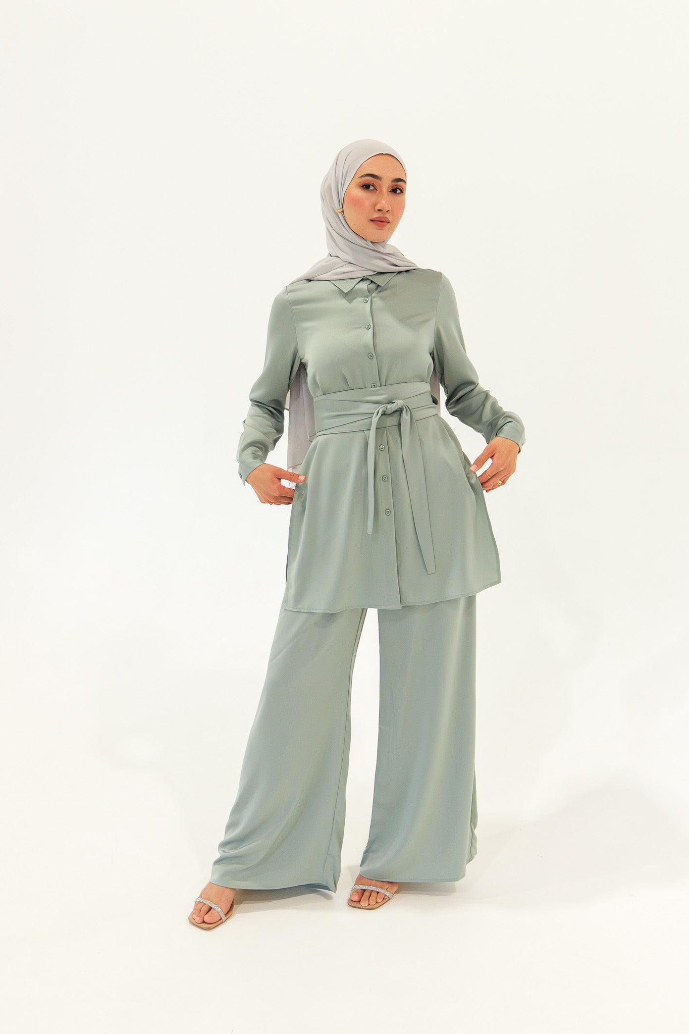 Satin Wide Leg Pants - Sage - Nasiba