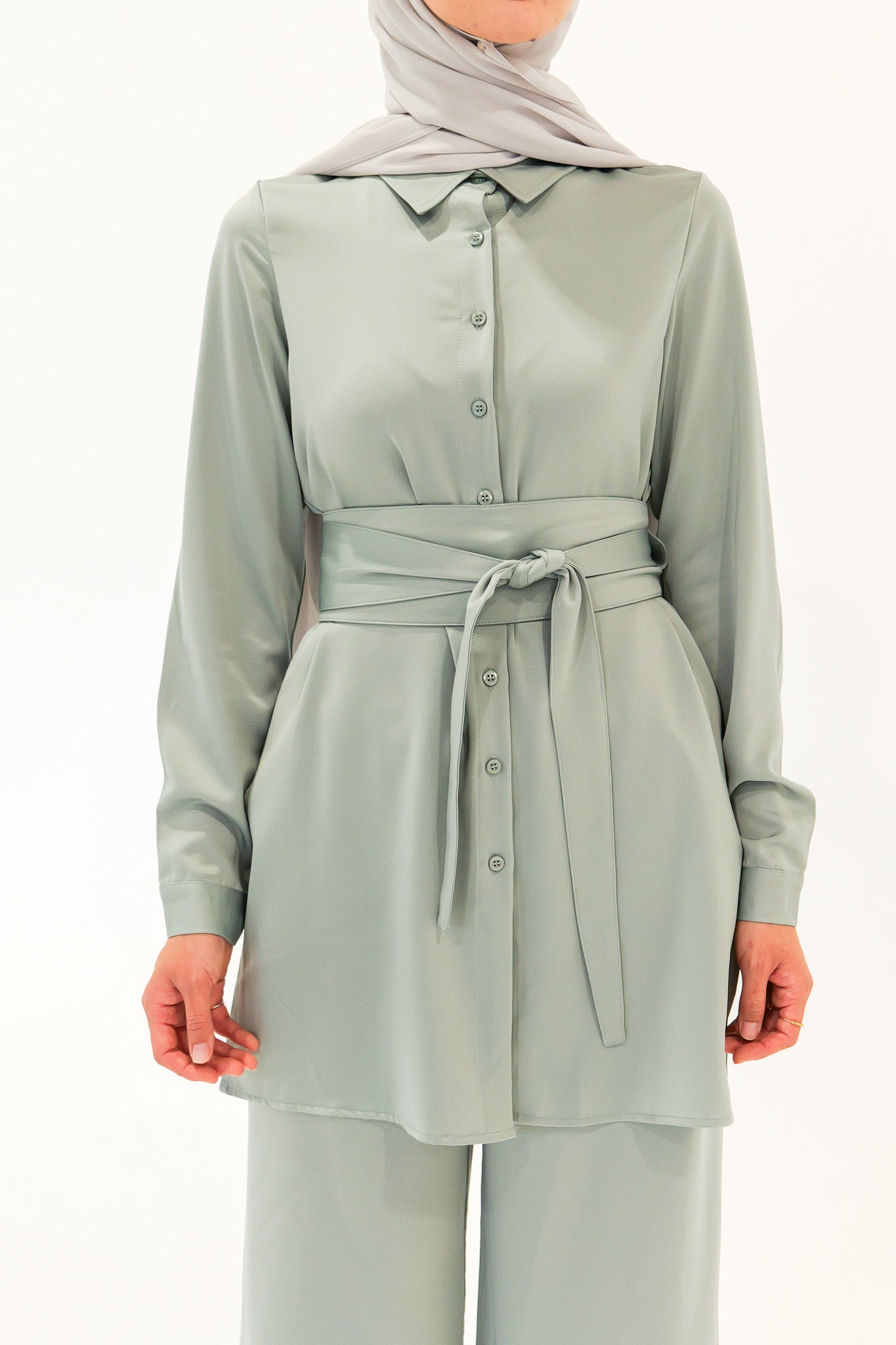 Satin Belted Midi Shirt - Sage - Nasiba