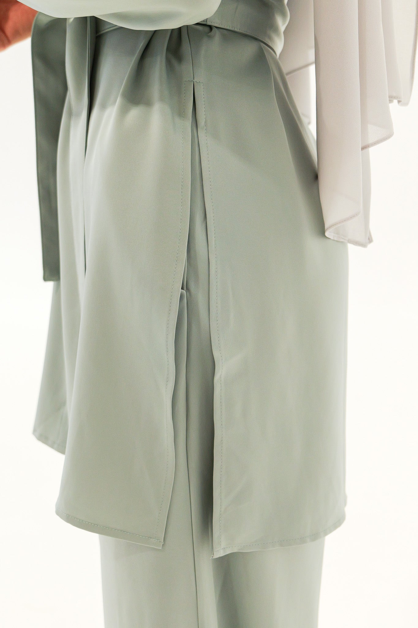 Satin Belted Midi Shirt - Sage - Nasiba