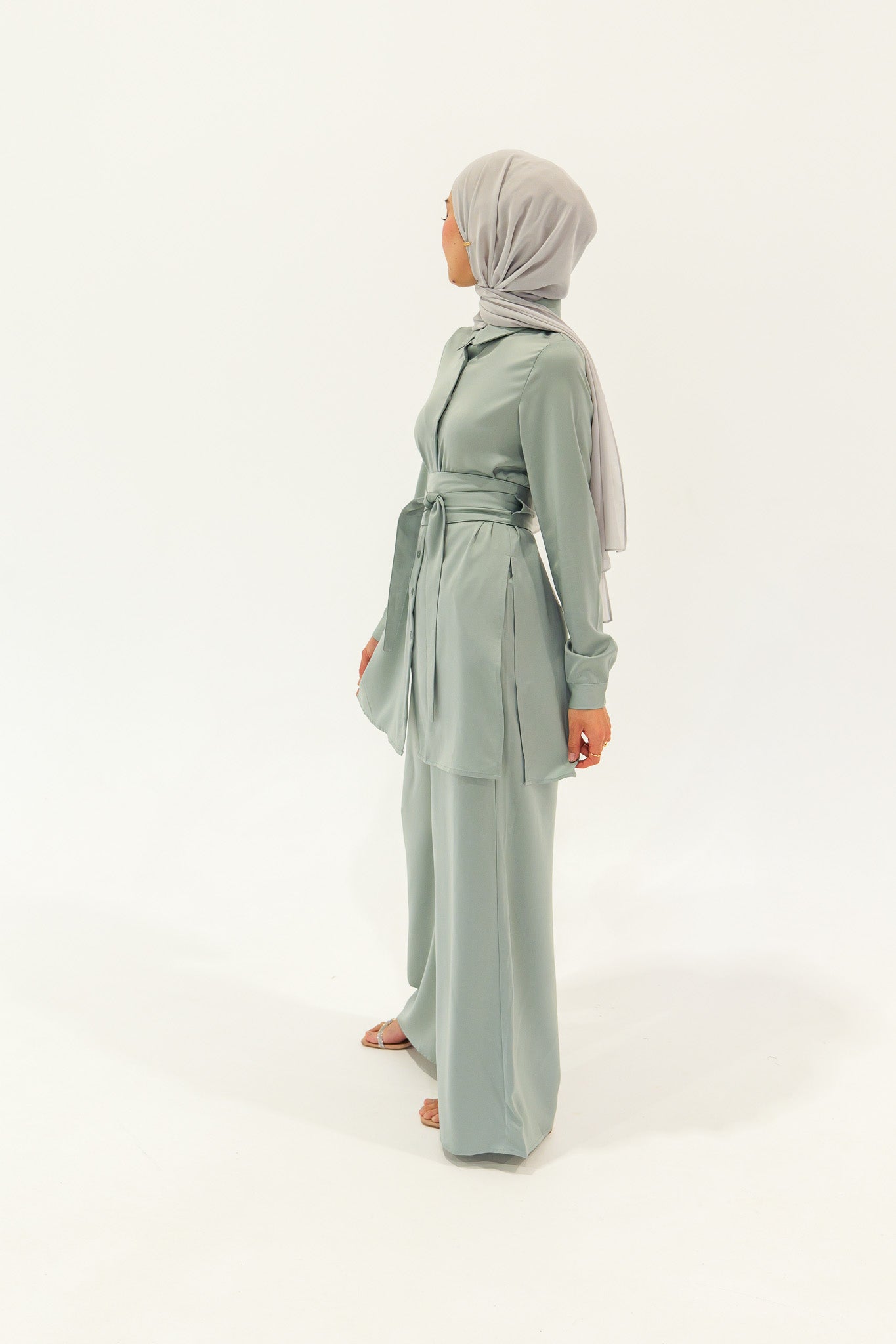 Satin Belted Midi Shirt - Sage - Nasiba