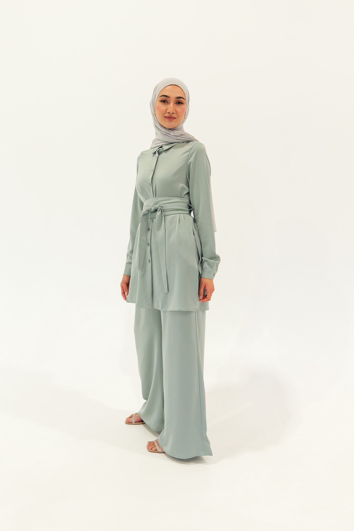 Satin Belted Midi Shirt - Sage - Nasiba