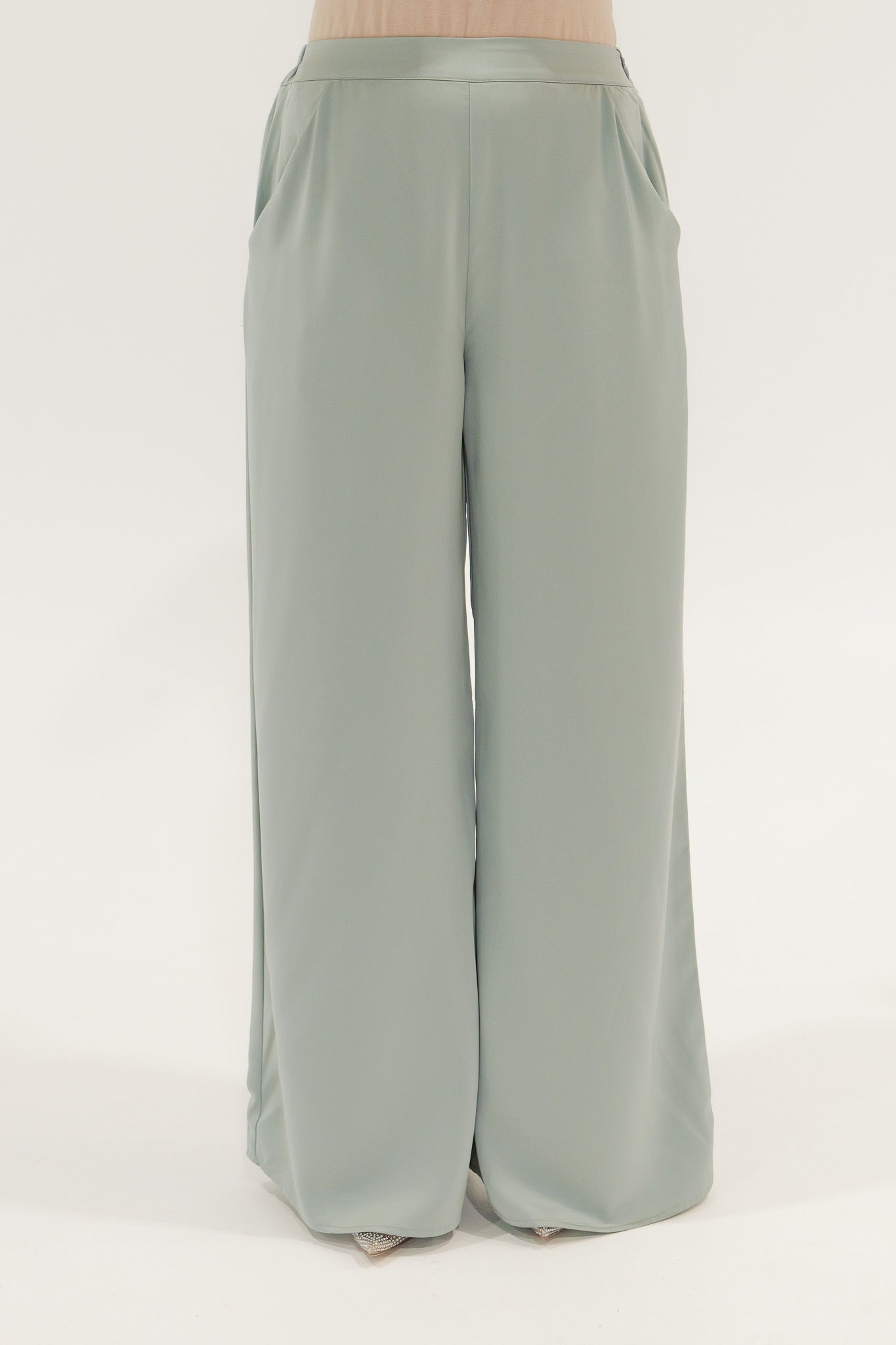 Satin Wide Leg Pants - Sage - Nasiba