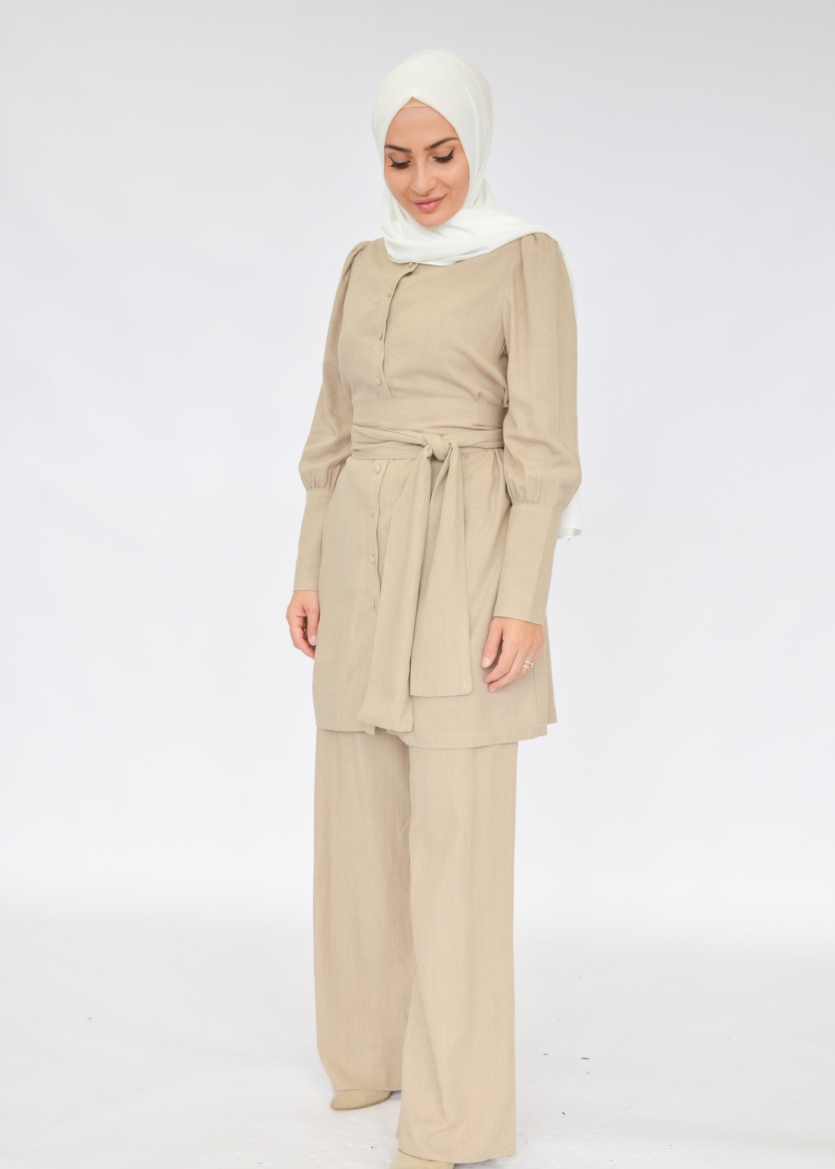 Balmy Tie Waist Shirt - Sand - Nasiba