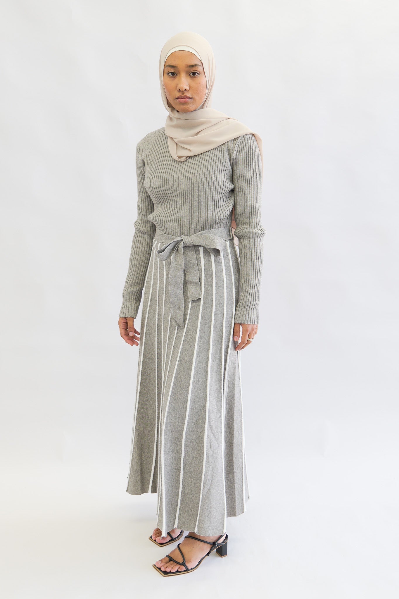 Aline Stripe Knit Dress - Grey - Nasiba
